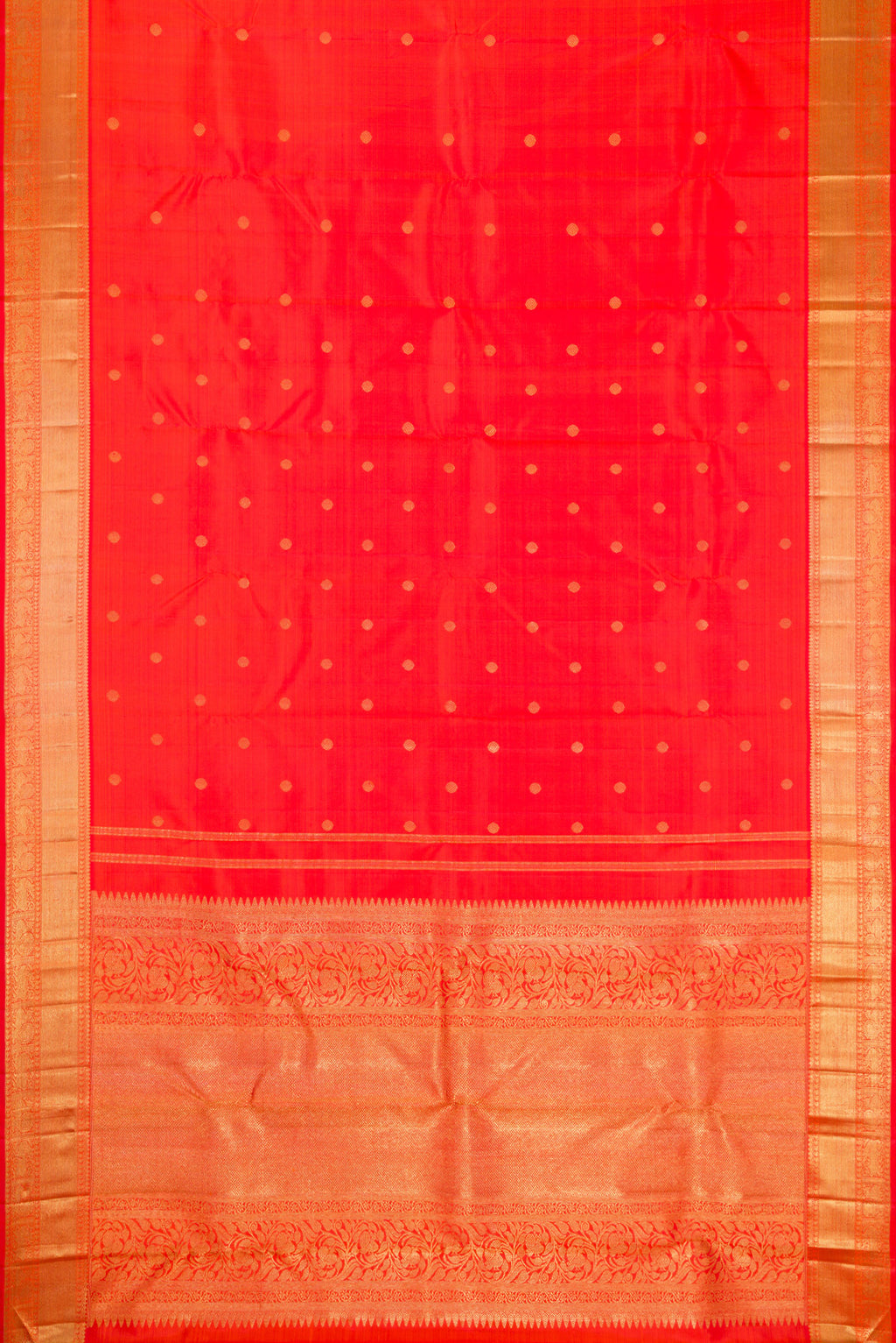 Flat view of Pure Silk Pure Zari Orange Dual Tone Kanjivaram Saree with Zari Butta on the body and Zari Border. 