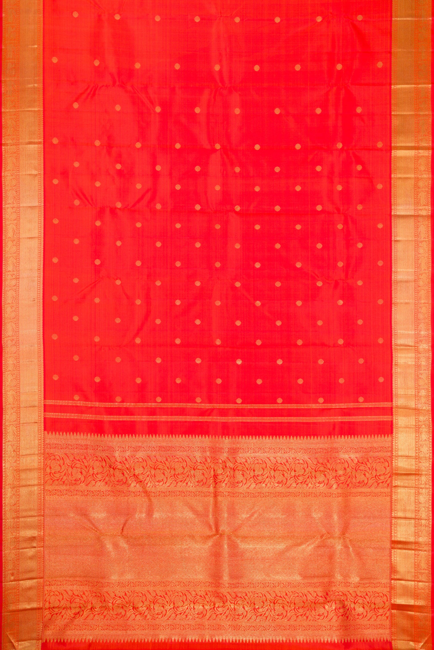Flat view of Pure Silk Pure Zari Orange Dual Tone Kanjivaram Saree with Zari Butta on the body and Zari Border. 