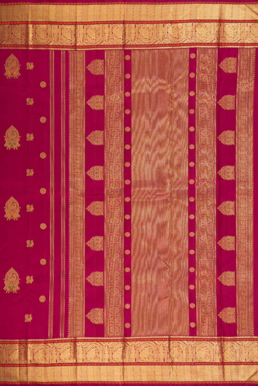 Close up image of the pallu of Pure Silk Pure Zari Dark Mauve Dual Tone Kanjivaram Saree with Zari Butta on the body and Zari Border. 