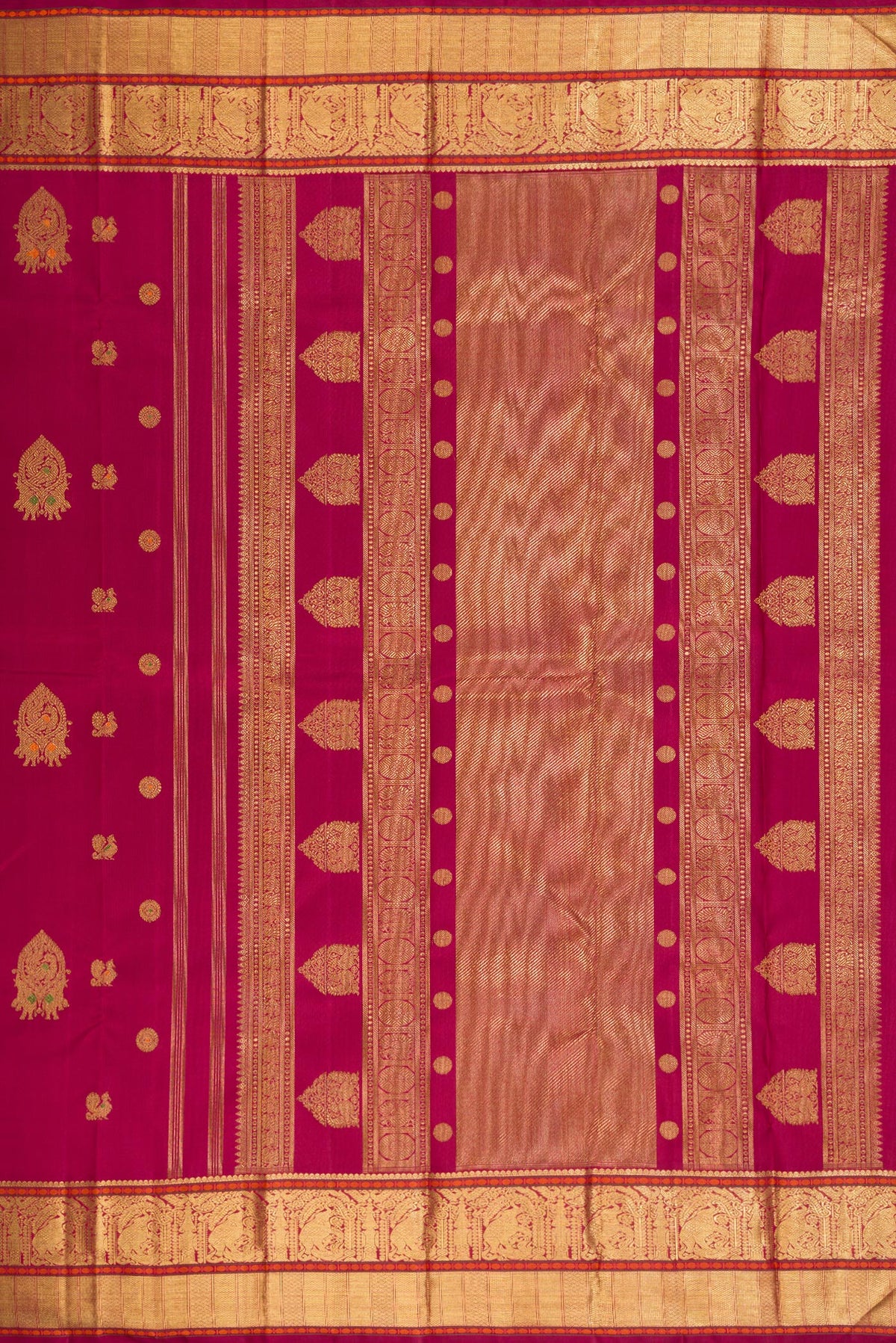 Close up image of the pallu of Pure Silk Pure Zari Dark Mauve Dual Tone Kanjivaram Saree with Zari Butta on the body and Zari Border. 