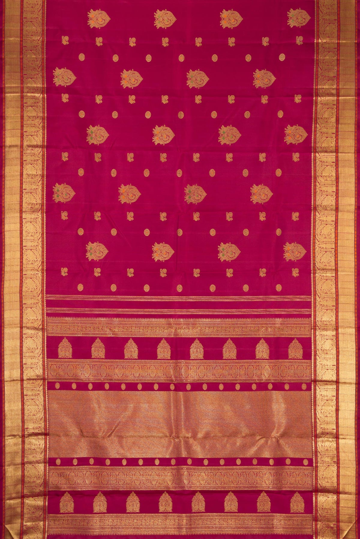 Flat view of Pure Silk Pure Zari Dark Mauve Dual Tone Kanjivaram Saree with Zari Butta on the body and Zari Border. 
