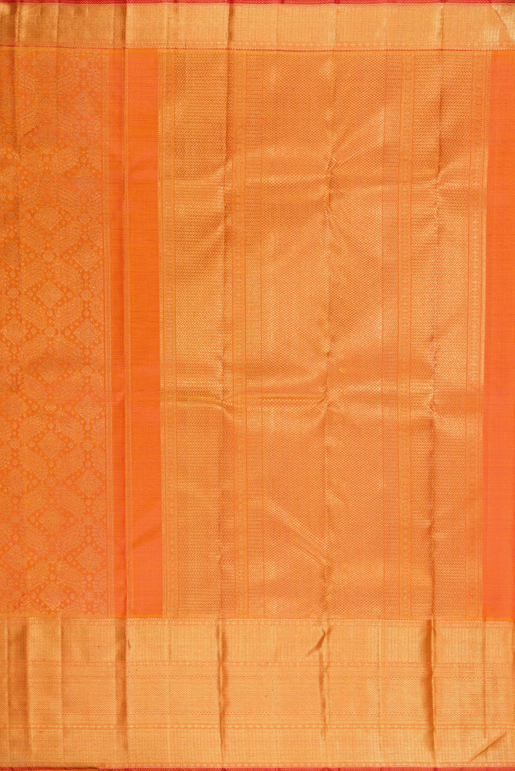 Close up image of the pallu of Pure Silk Pure Zari Orange Kanjivaram Saree with Zari Brocade on the body and Zari Border. 