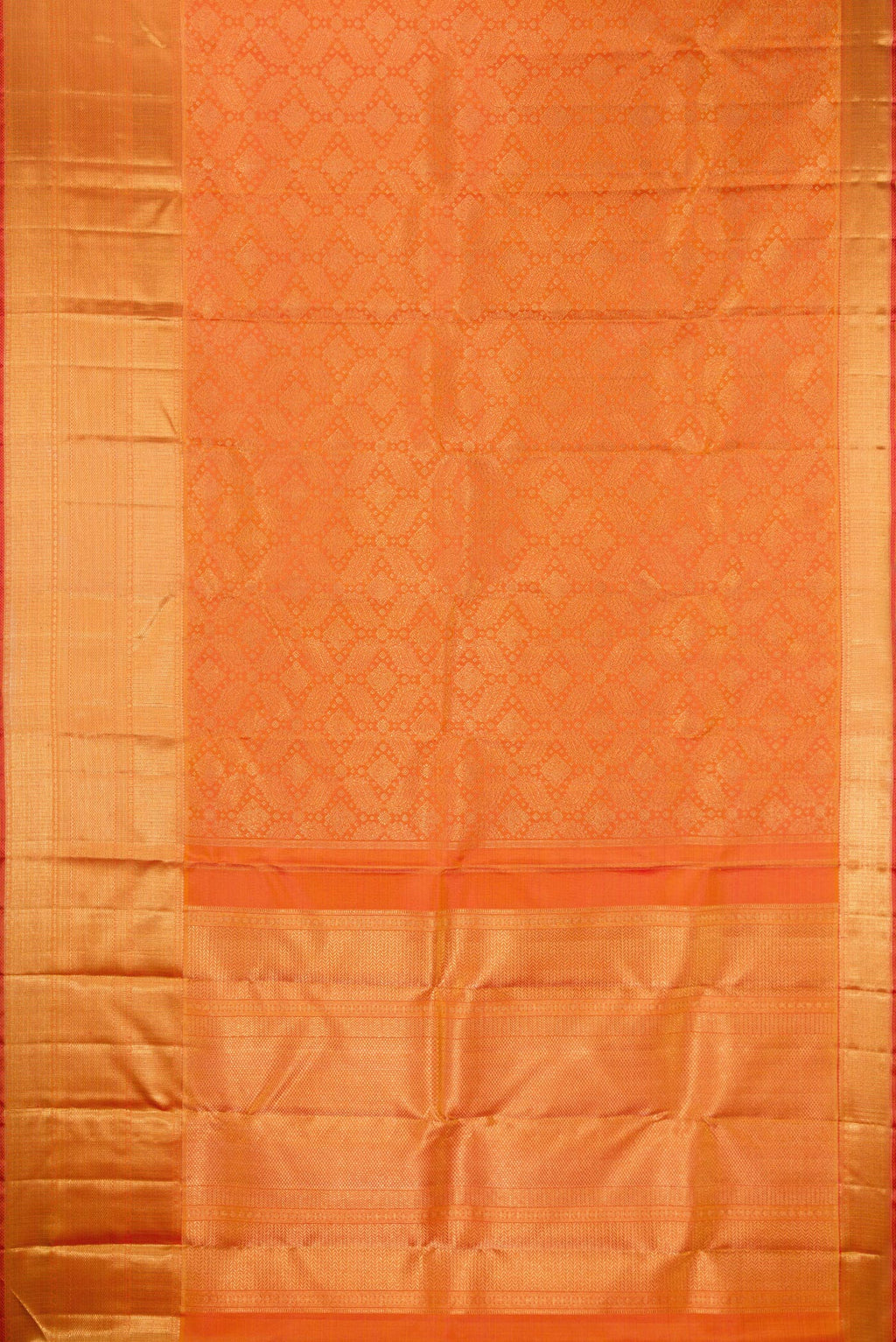 Flat view of Pure Silk Pure Zari Orange Kanjivaram Saree with Zari Brocade on the body and Zari Border. 