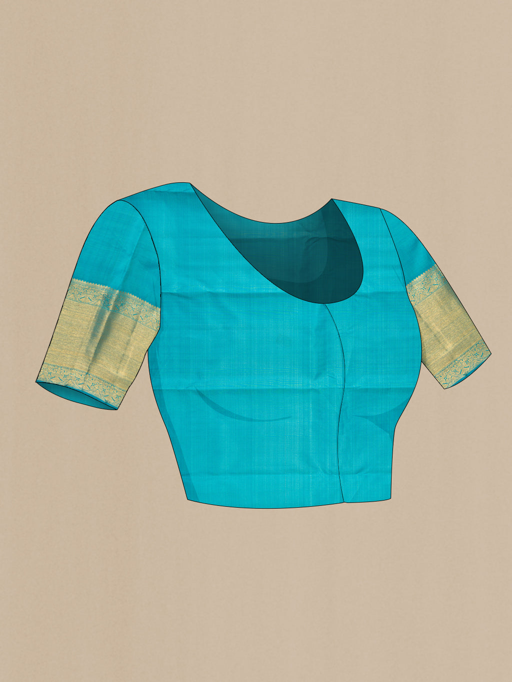 Close up image of the blouse of Pure Silk Pure Zari Sky Blue Kanjivaram Saree with Zari Brocade on the body and Zari Border. 