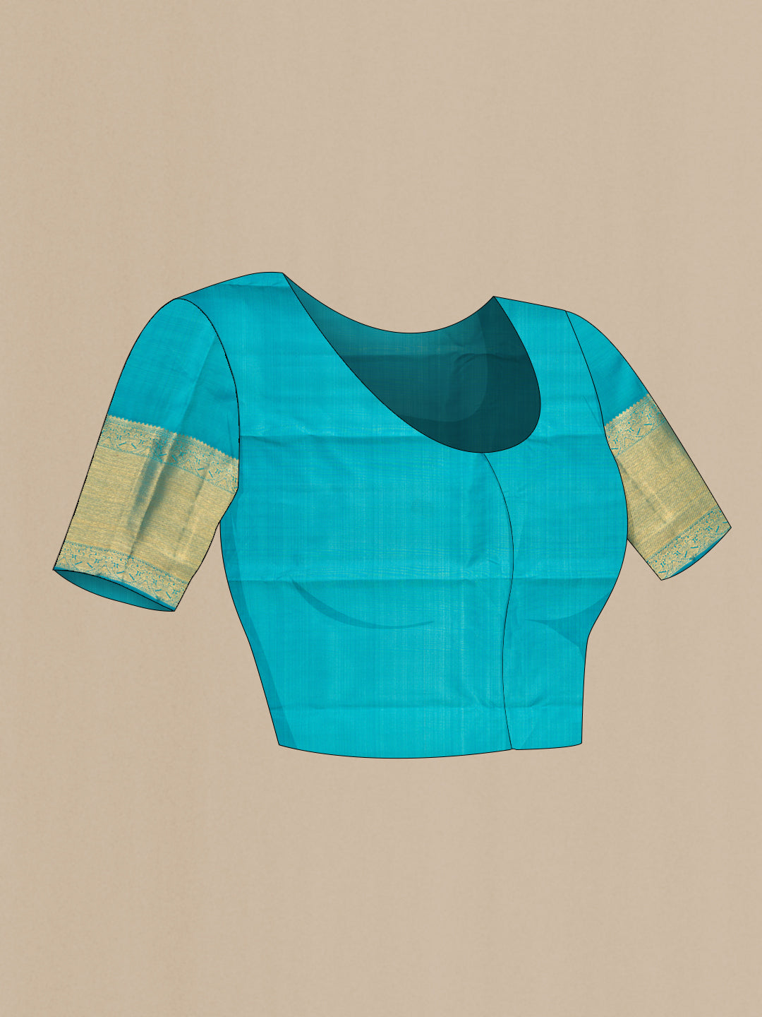 Close up image of the blouse of Pure Silk Pure Zari Sky Blue Kanjivaram Saree with Zari Brocade on the body and Zari Border. 