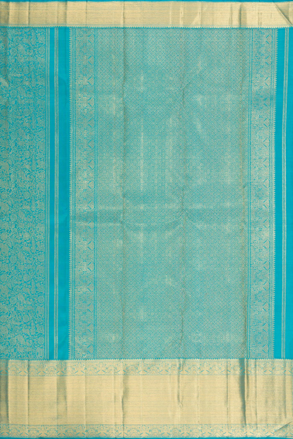 Close up image of the pallu of Pure Silk Pure Zari Sky Blue Kanjivaram Saree with Zari Brocade on the body and Zari Border. 