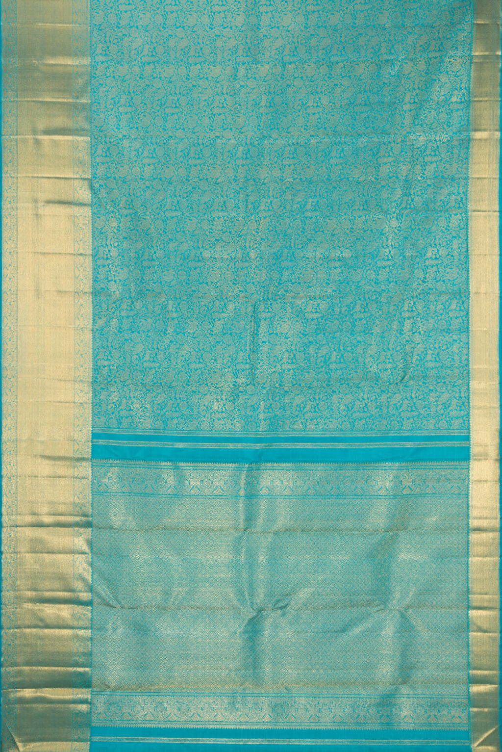 Flat view of Pure Silk Pure Zari Sky Blue Kanjivaram Saree with Zari Brocade on the body and Zari Border. 
