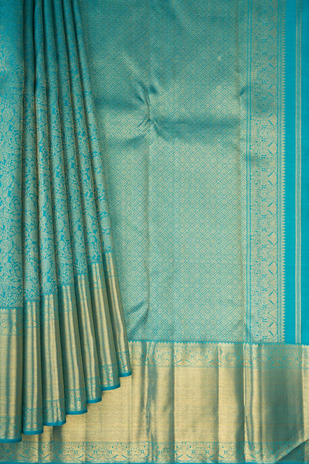 Pleats and pallu of Pure Silk Pure Zari Sky Blue Kanjivaram Saree with Zari Brocade on the body and Zari Border. 