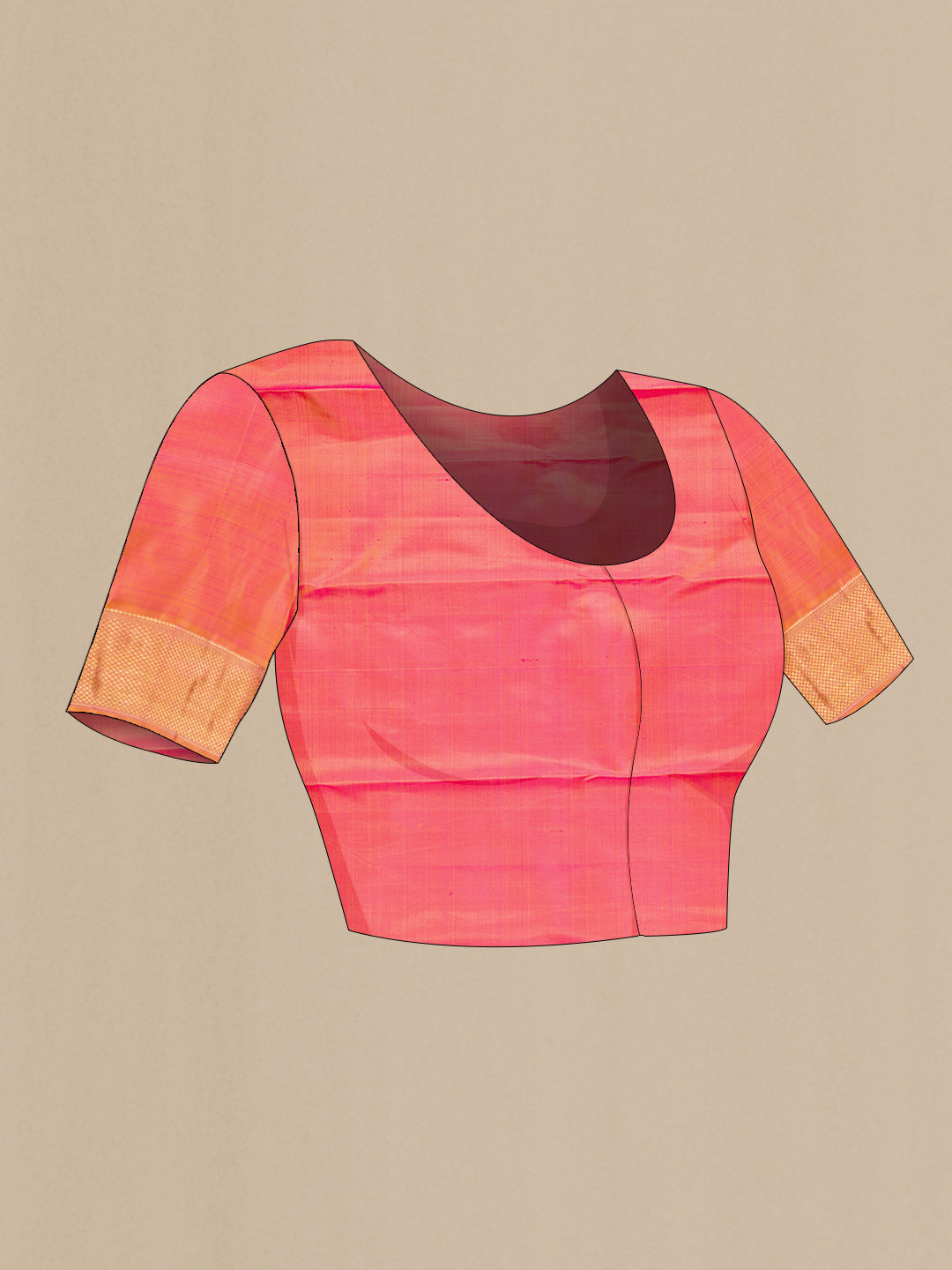 Close up image of the blouse of Pure Silk Pure Zari Pink Dual Tone Kanjivaram Saree with Zari Brocade on the body and Zari Border. 