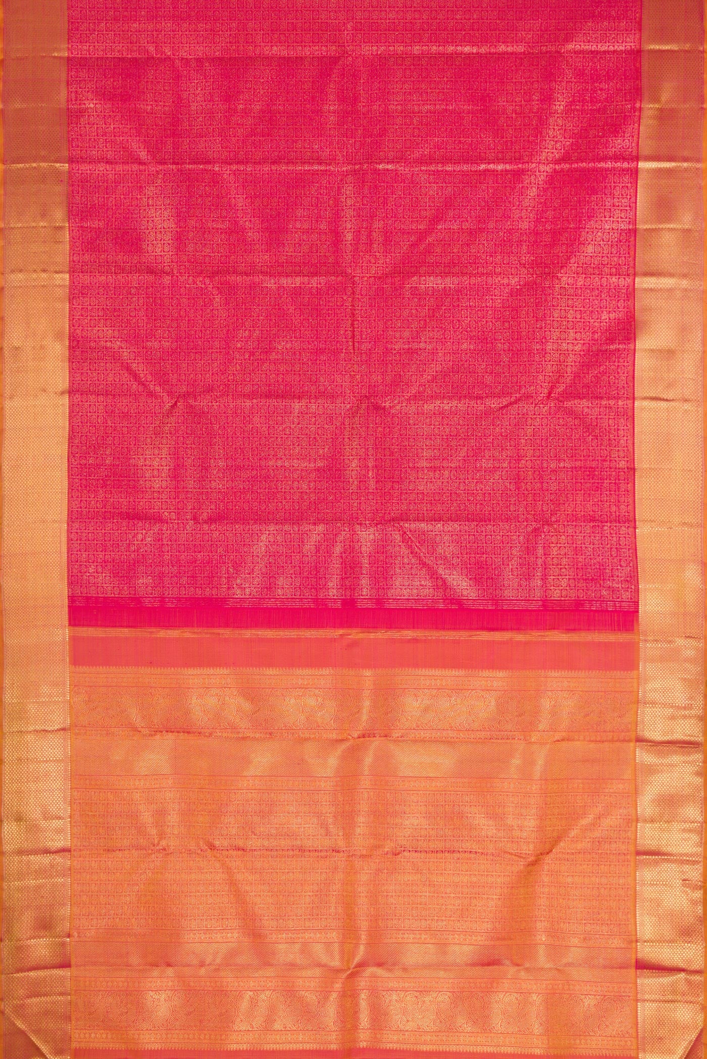 Flat view of Pure Silk Pure Zari Pink Dual Tone Kanjivaram Saree with Zari Brocade on the body and Zari Border. 