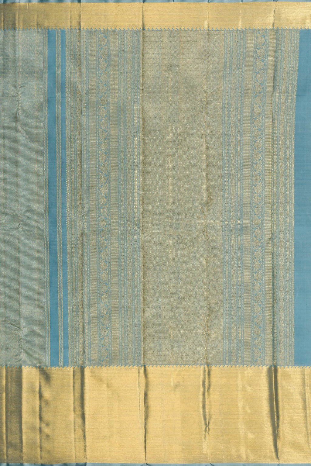 Close up image of the pallu of Pure Silk Pure Zari Blue Grey Dual Tone Kanjivaram Saree with Zari Brocade on the body and Zari Border. 