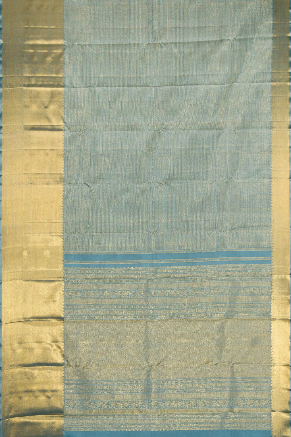Flat view of Pure Silk Pure Zari Blue Grey Dual Tone Kanjivaram Saree with Zari Brocade on the body and Zari Border. 