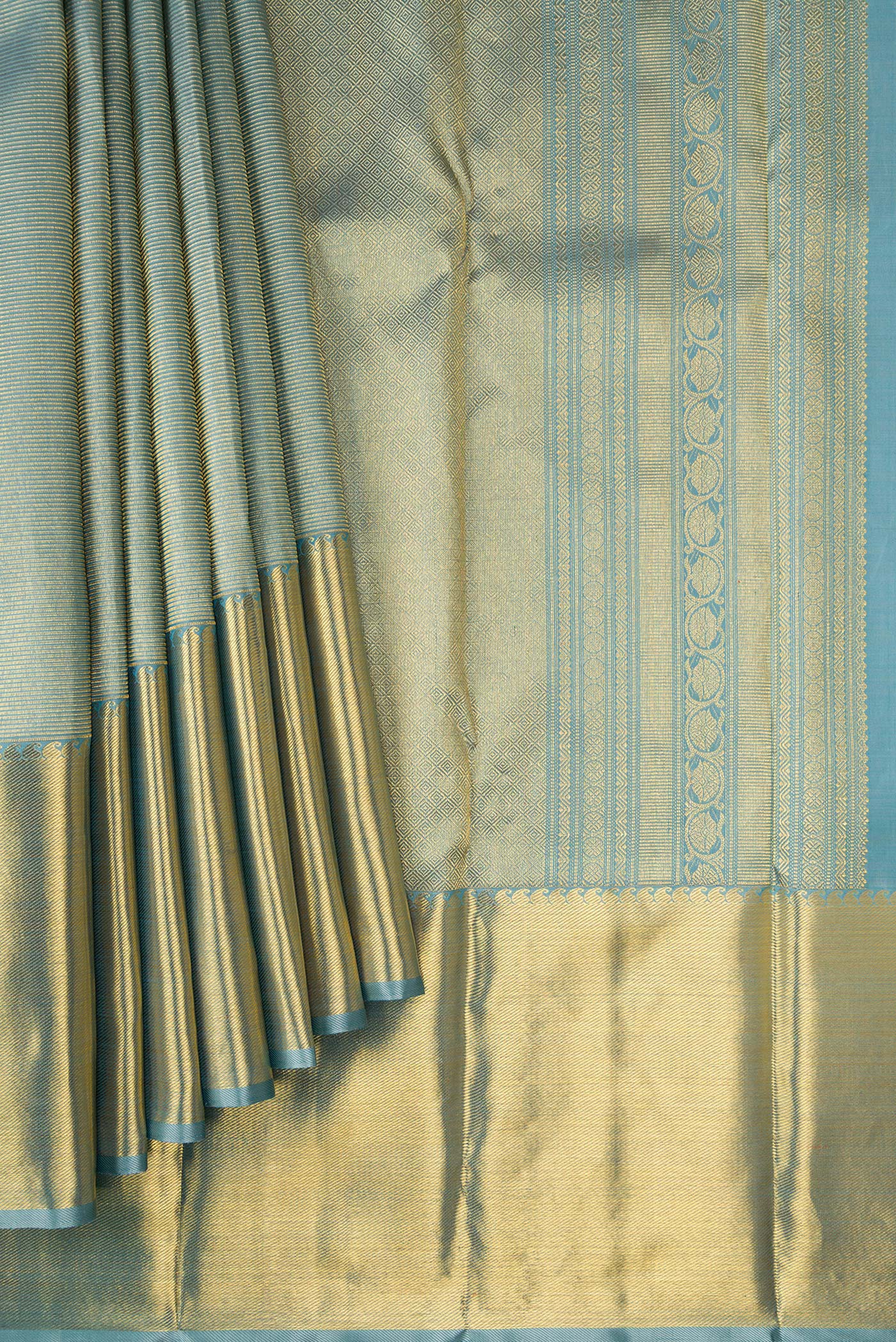 Pleats and pallu of Pure Silk Pure Zari Blue Grey Dual Tone Kanjivaram Saree with Zari Brocade on the body and Zari Border. 