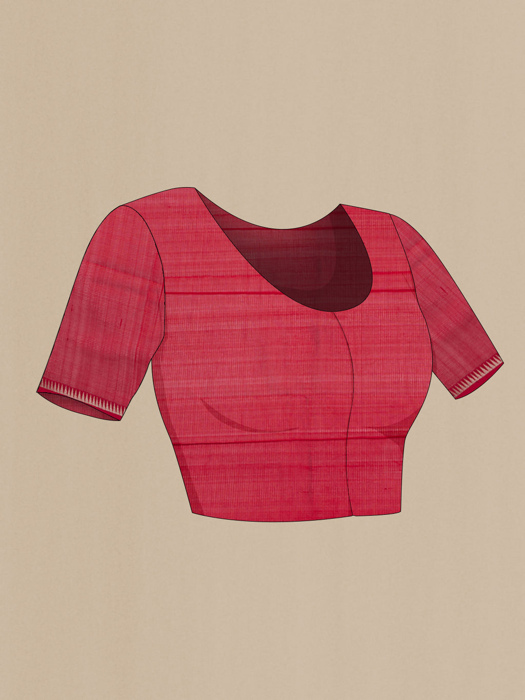 Close up image of the blouse of Red Silk Cotton Saree with Stripes on the body and Zari Border. 