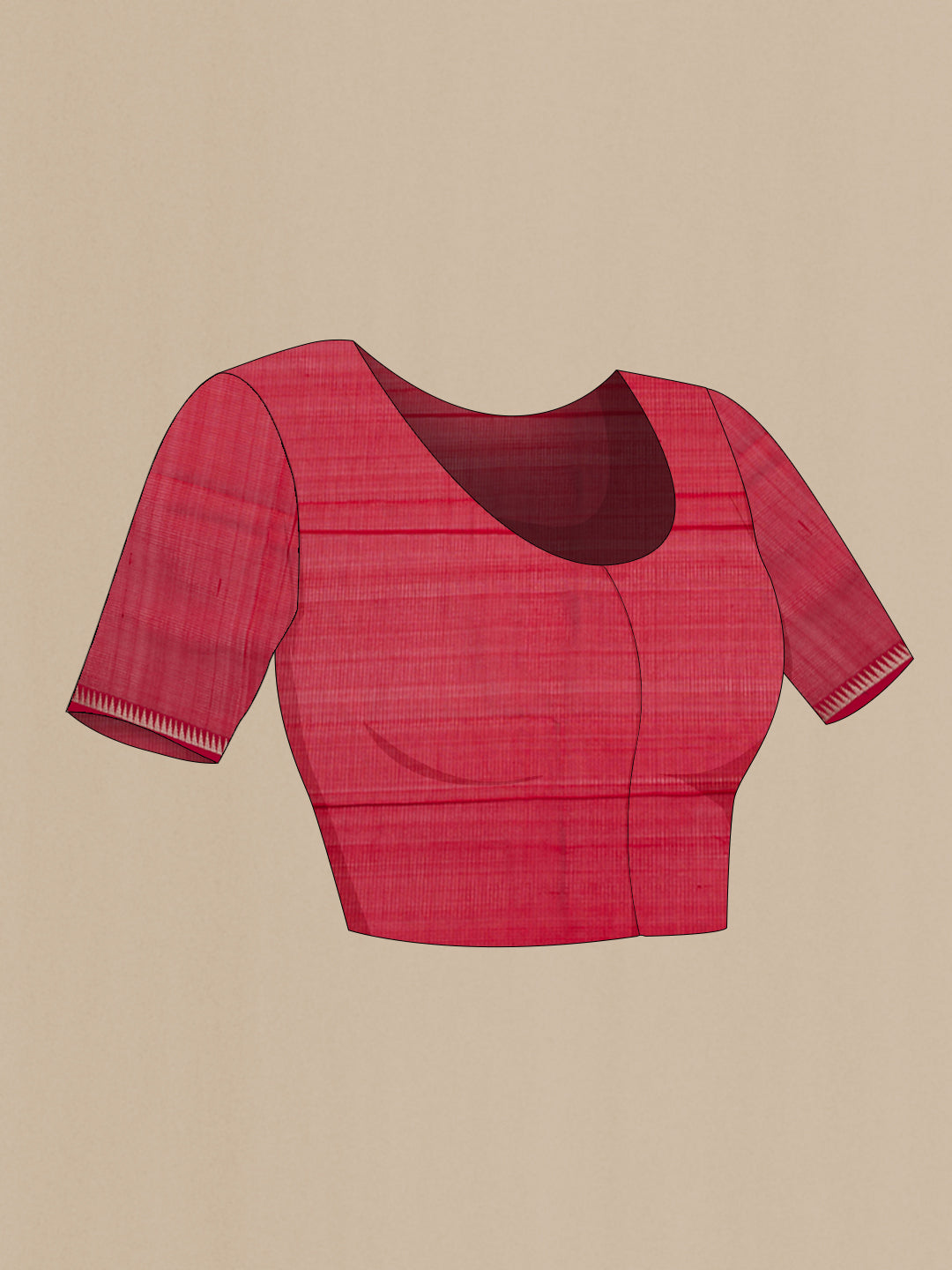 Close up image of the blouse of Red Silk Cotton Saree with Stripes on the body and Zari Border. 