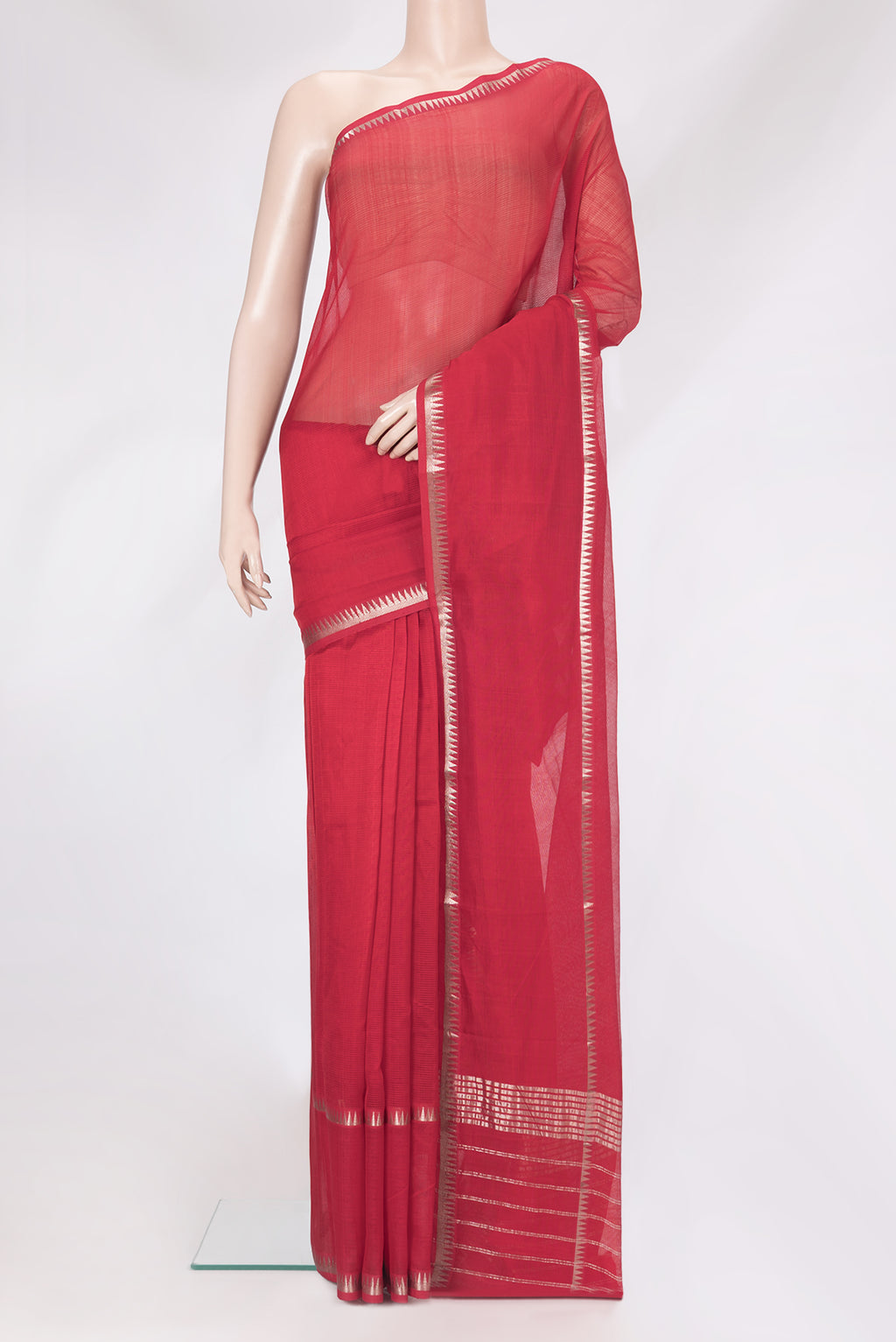 Red Silk Cotton Saree with Stripes on the body and Zari Border.  displayed on a mannequin