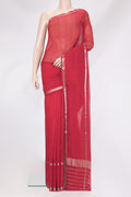 Red Silk Cotton Saree with Stripes on the body and Zari Border.  displayed on a mannequin
