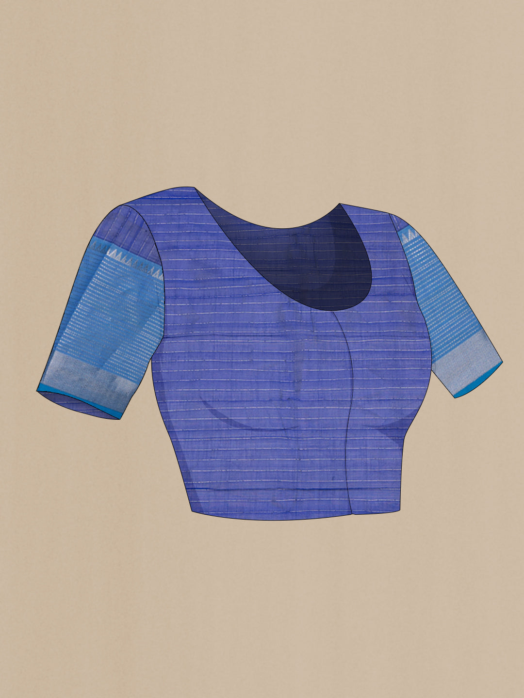 Close up image of the blouse of Royal Blue Silk Cotton Saree with Stripes on the body and Zari Border. 
