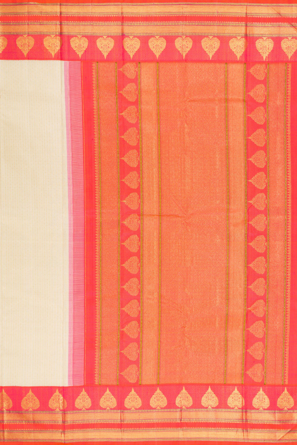 Close up image of the pallu of Beige Dual Tone Kanchipuram Silk Saree with Stripes on the body and Fancy Border. 