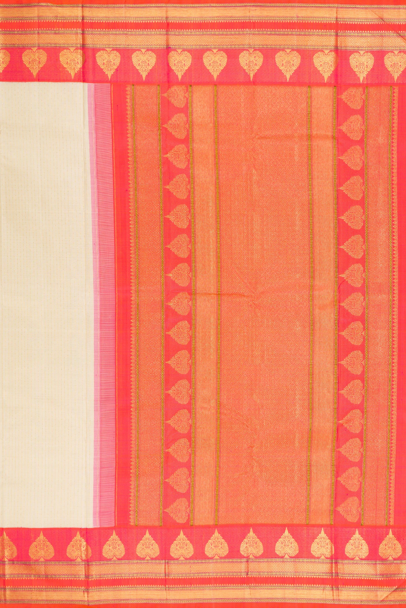 Close up image of the pallu of Beige Dual Tone Kanchipuram Silk Saree with Stripes on the body and Fancy Border. 