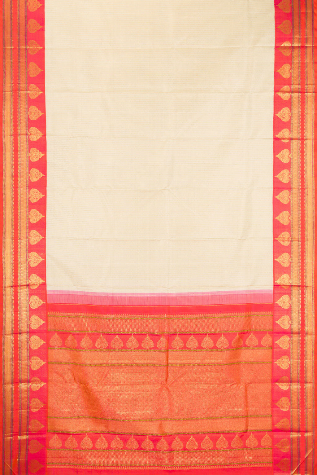 Flat view of Beige Dual Tone Kanchipuram Silk Saree with Stripes on the body and Fancy Border. 
