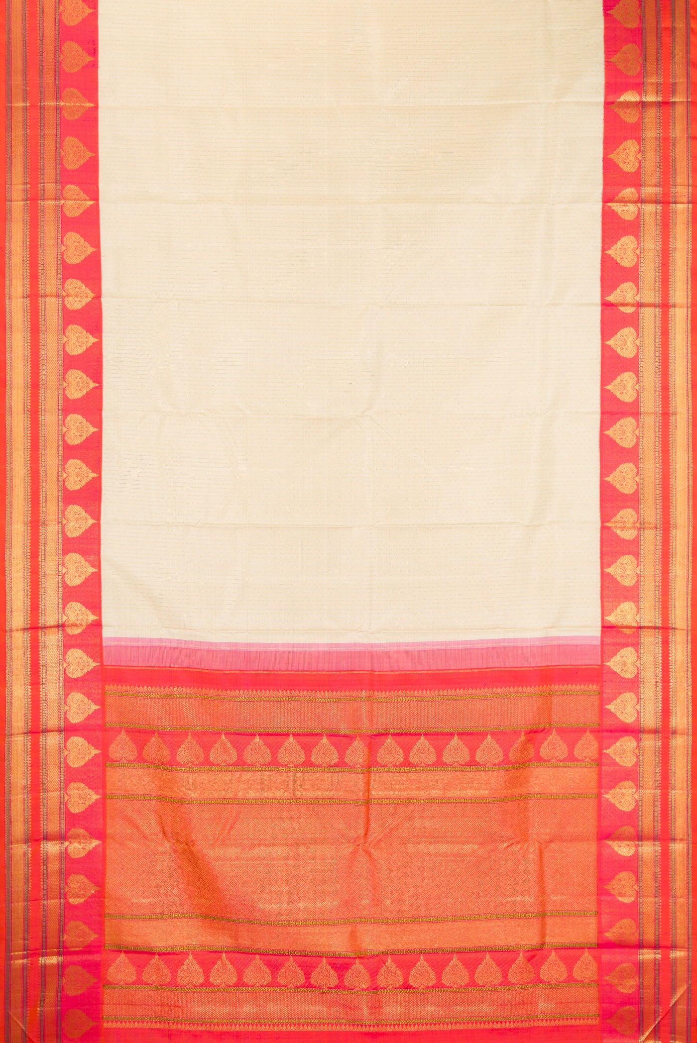 Flat view of Beige Dual Tone Kanchipuram Silk Saree with Stripes on the body and Fancy Border. 