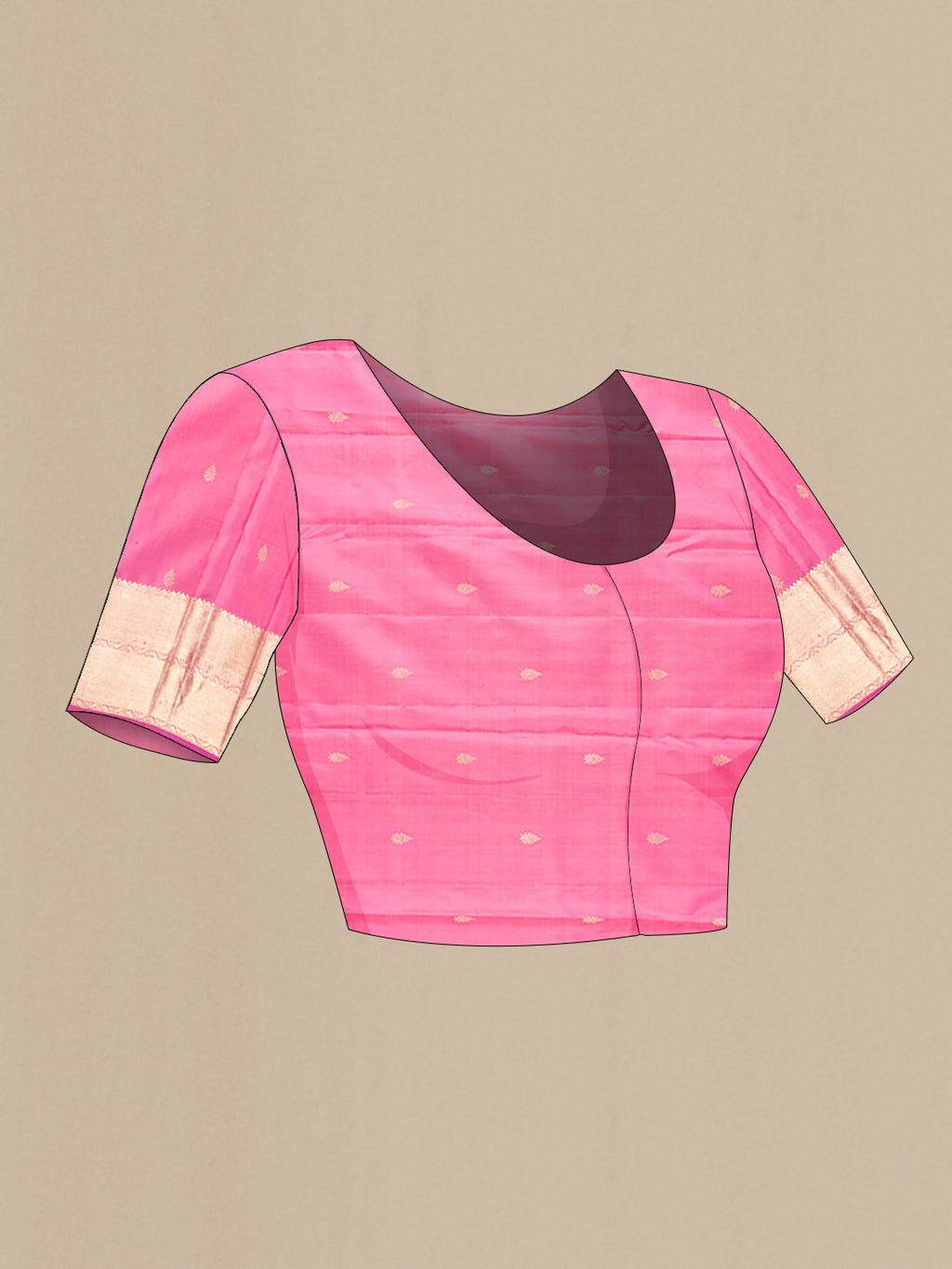 Close up image of the blouse of Pink Dual Tone Kanchipuram Silk Saree with Zari Brocade on the body and Zari Border. 