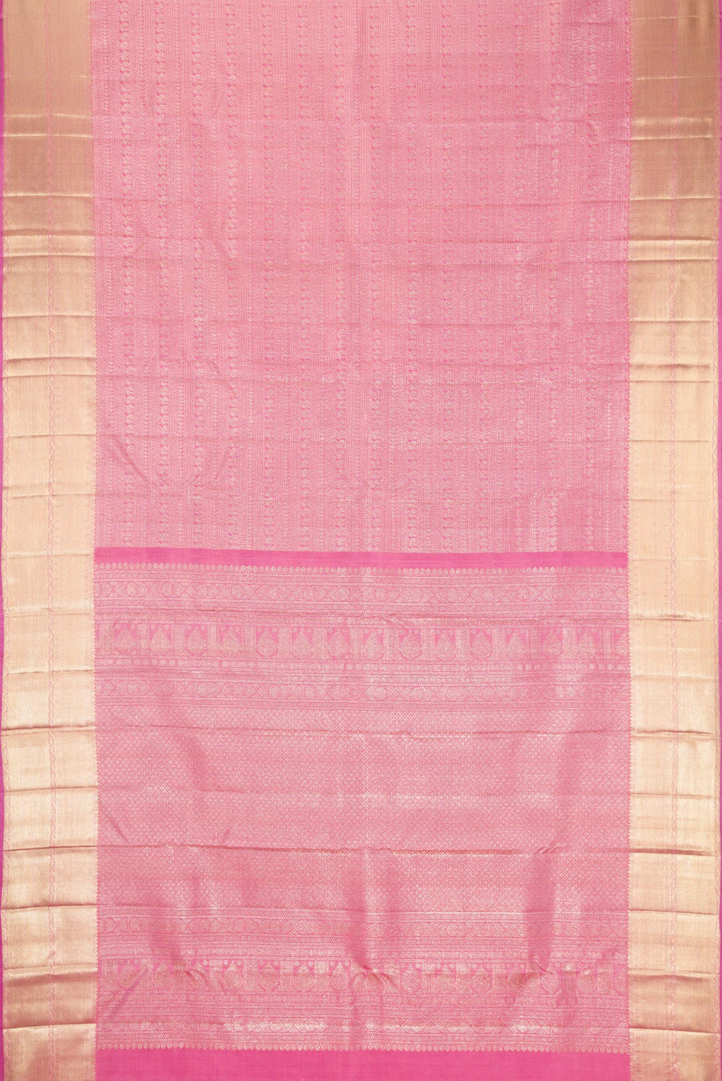 Flat view of Pink Dual Tone Kanchipuram Silk Saree with Zari Brocade on the body and Zari Border. 