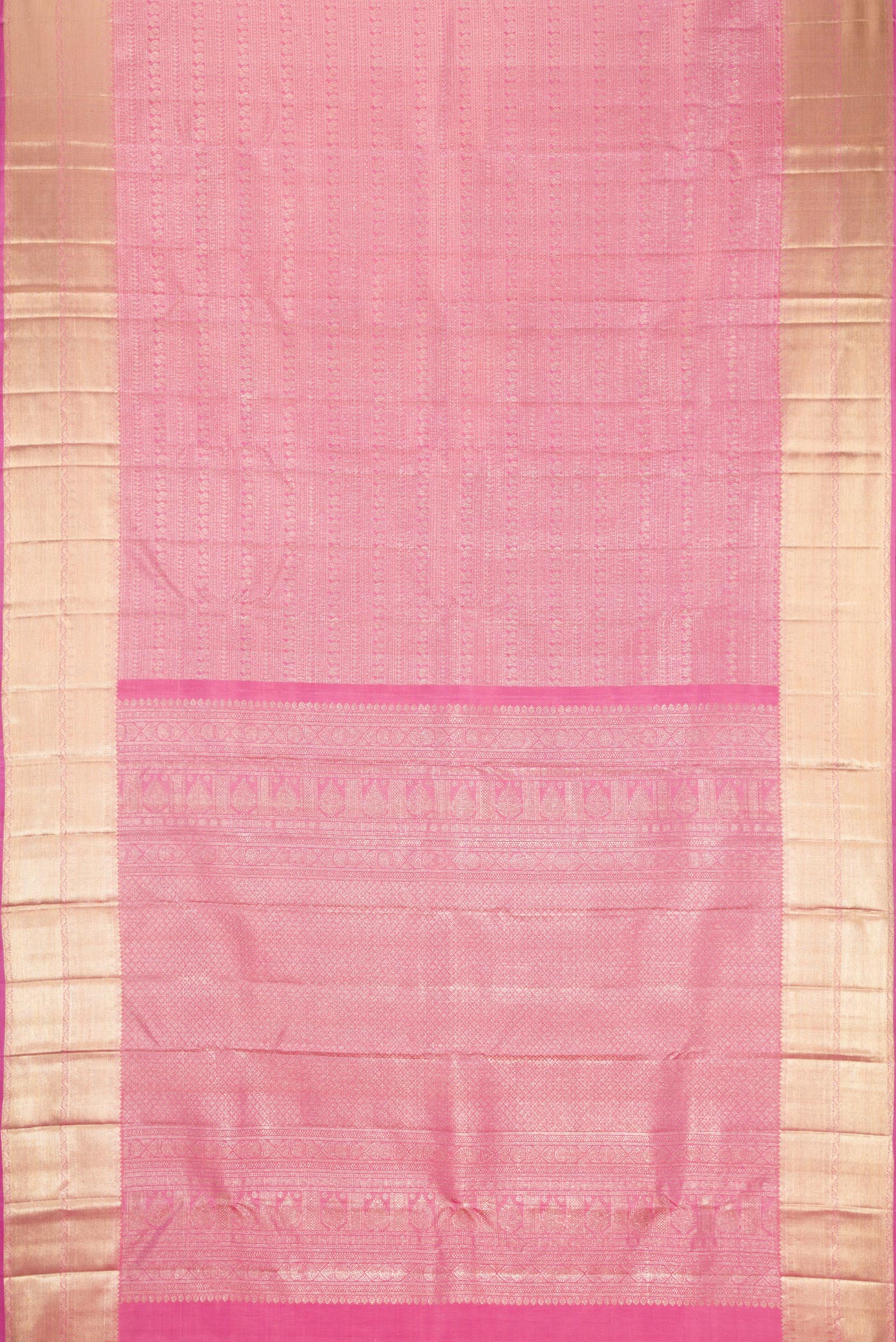 Flat view of Pink Dual Tone Kanchipuram Silk Saree with Zari Brocade on the body and Zari Border. 