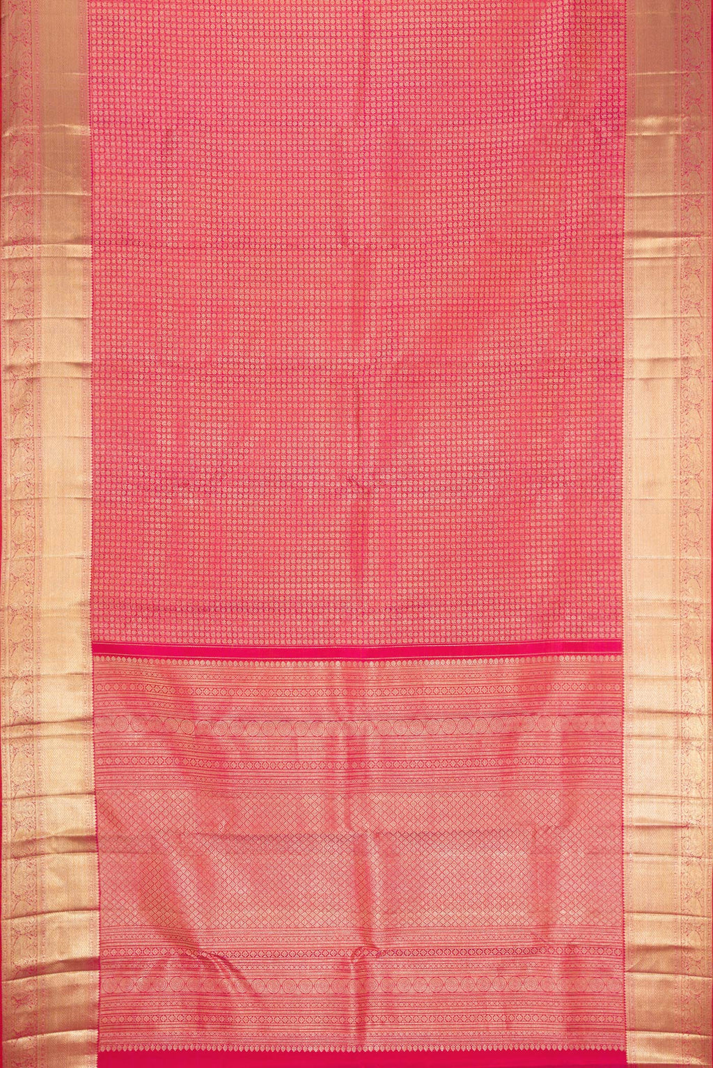 Flat view of Coral Dual Tone Kanchipuram Silk Saree with Zari Brocade on the body and Zari Border. 