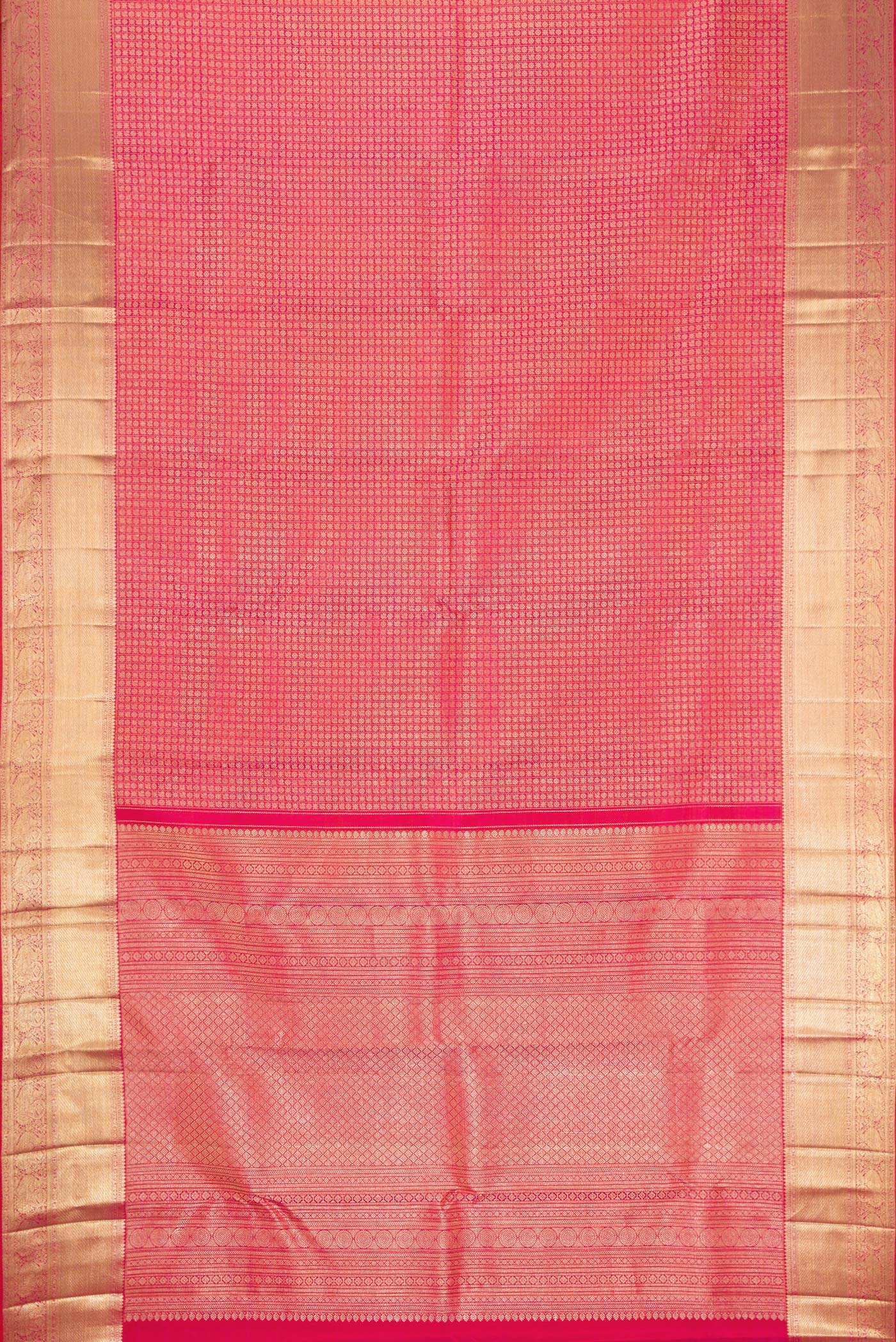 Flat view of Coral Dual Tone Kanchipuram Silk Saree with Zari Brocade on the body and Zari Border. 