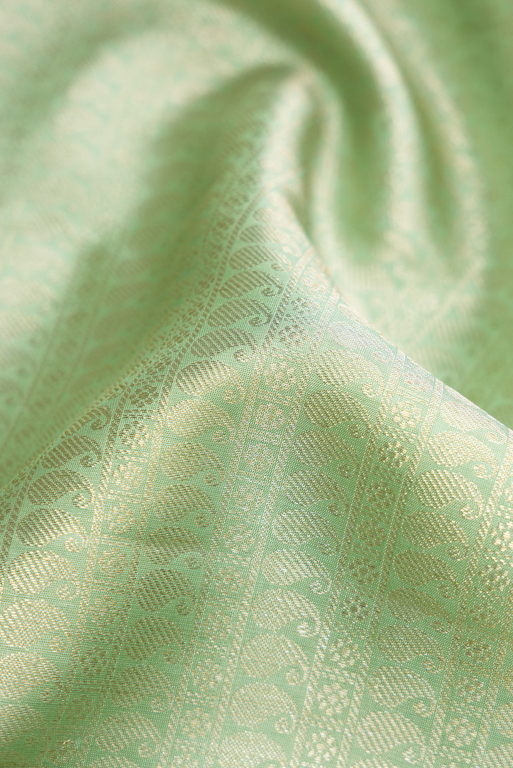 Close up of Pista Green Dual Tone Kanchipuram Silk Saree with Zari Brocade on the body and Zari Border.  displaying folds