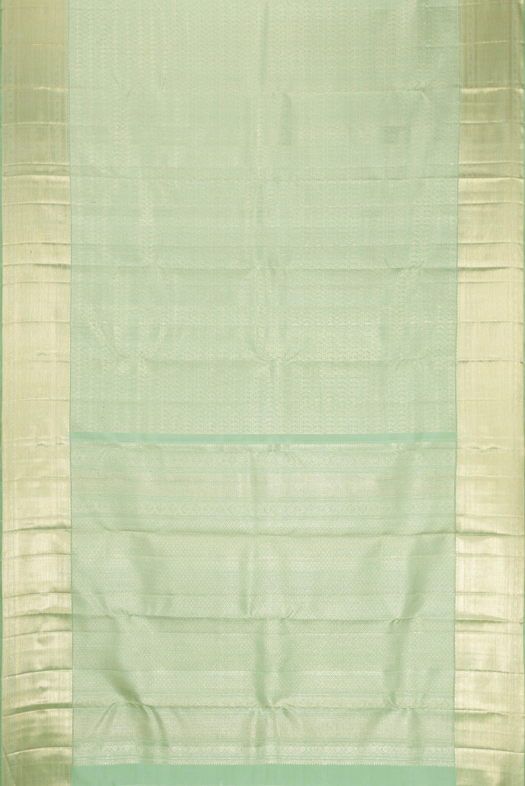 Flat view of Pista Green Dual Tone Kanchipuram Silk Saree with Zari Brocade on the body and Zari Border. 
