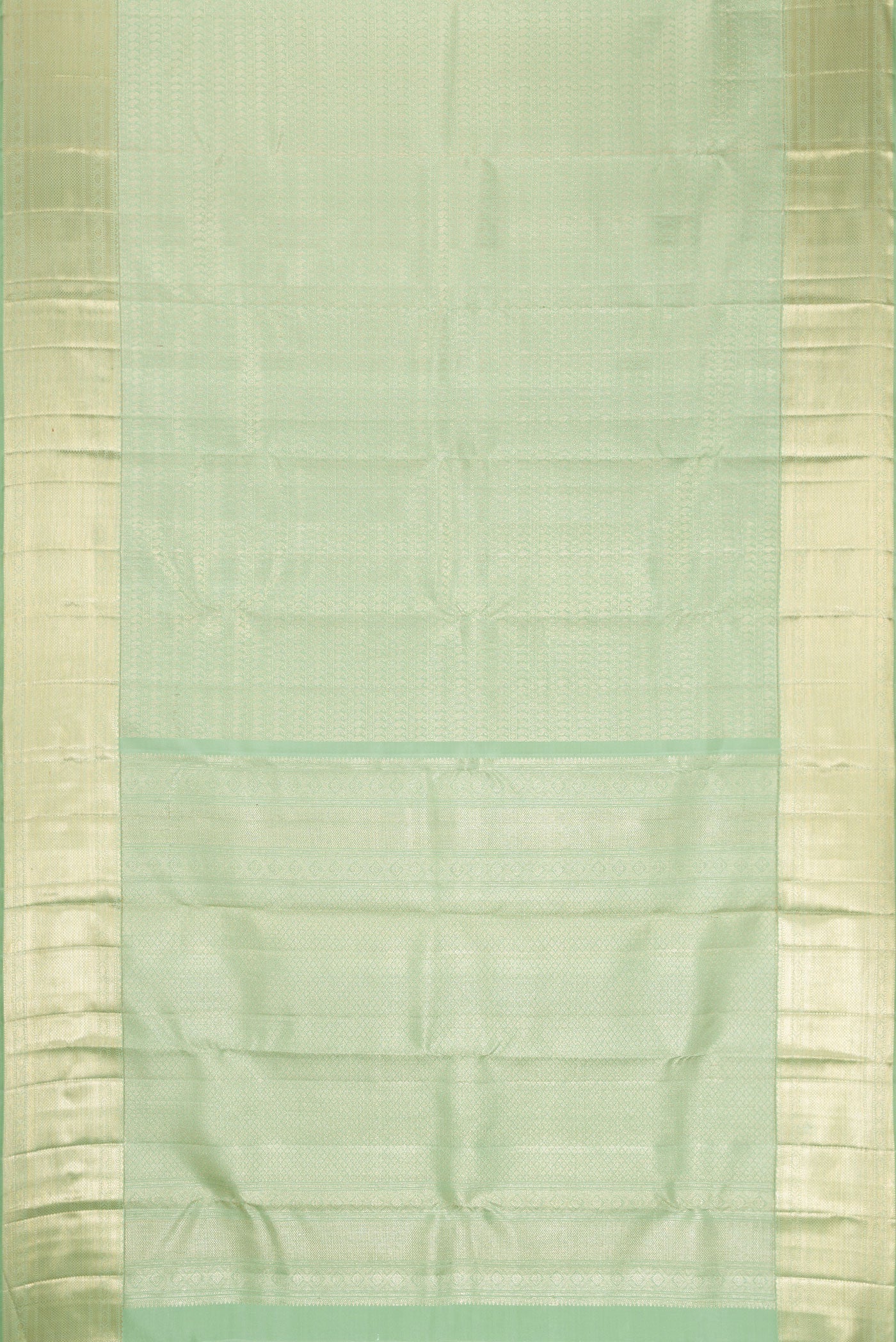 Flat view of Pista Green Dual Tone Kanchipuram Silk Saree with Zari Brocade on the body and Zari Border. 