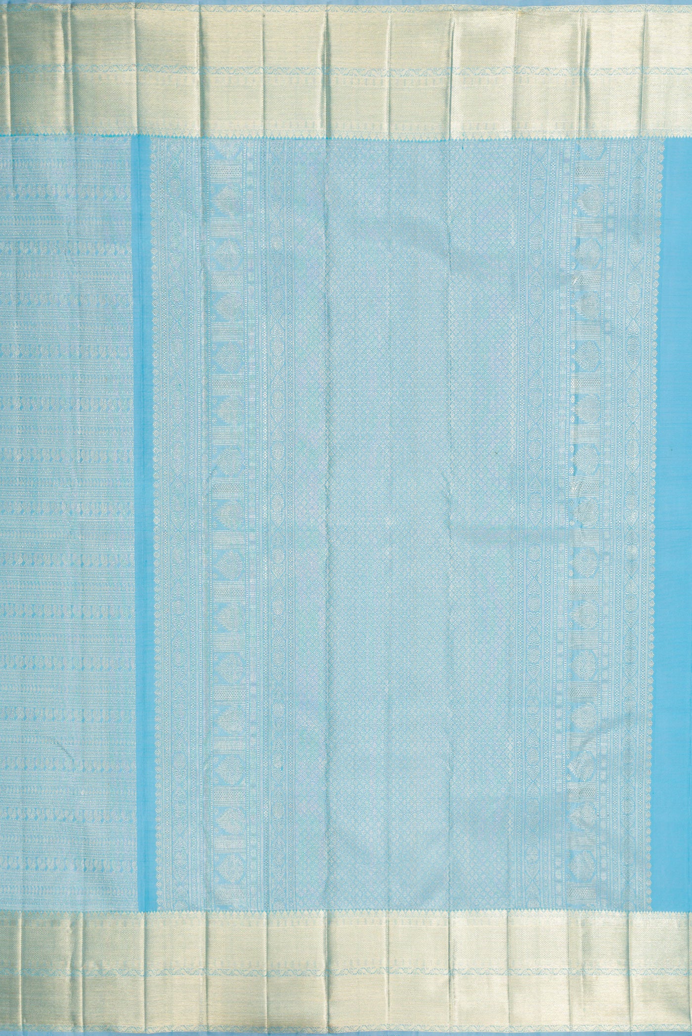 Close up image of the pallu of Sky Blue Kanchipuram Silk Saree with Zari Brocade on the body and Zari Border. 