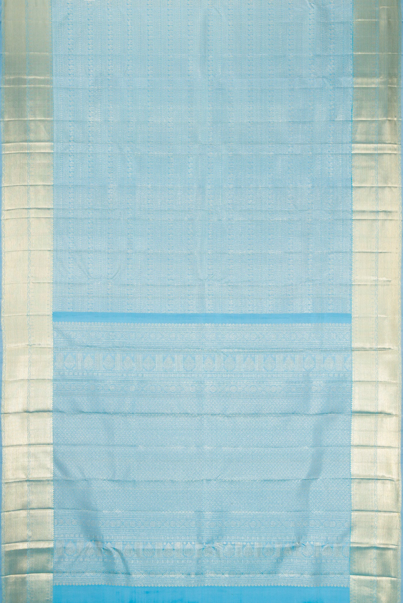 Flat view of Sky Blue Kanchipuram Silk Saree with Zari Brocade on the body and Zari Border. 