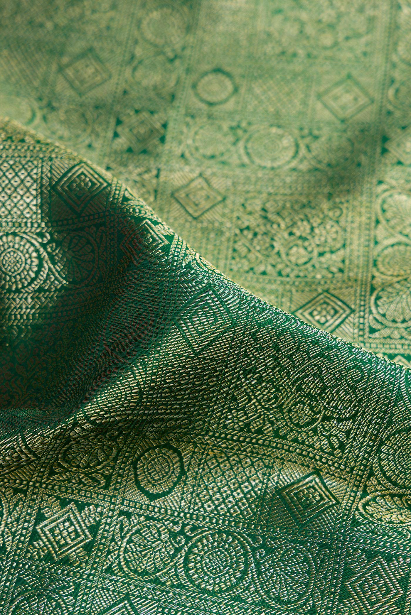 Close up of Green Kanchipuram Silk Saree with Zari Brocade on the body and Zari Border.  displaying folds