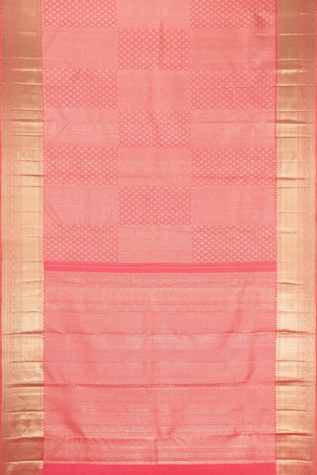 Flat view of Pink Dual Tone Kanchipuram Silk Saree with Zari Brocade on the body and Zari Border. 