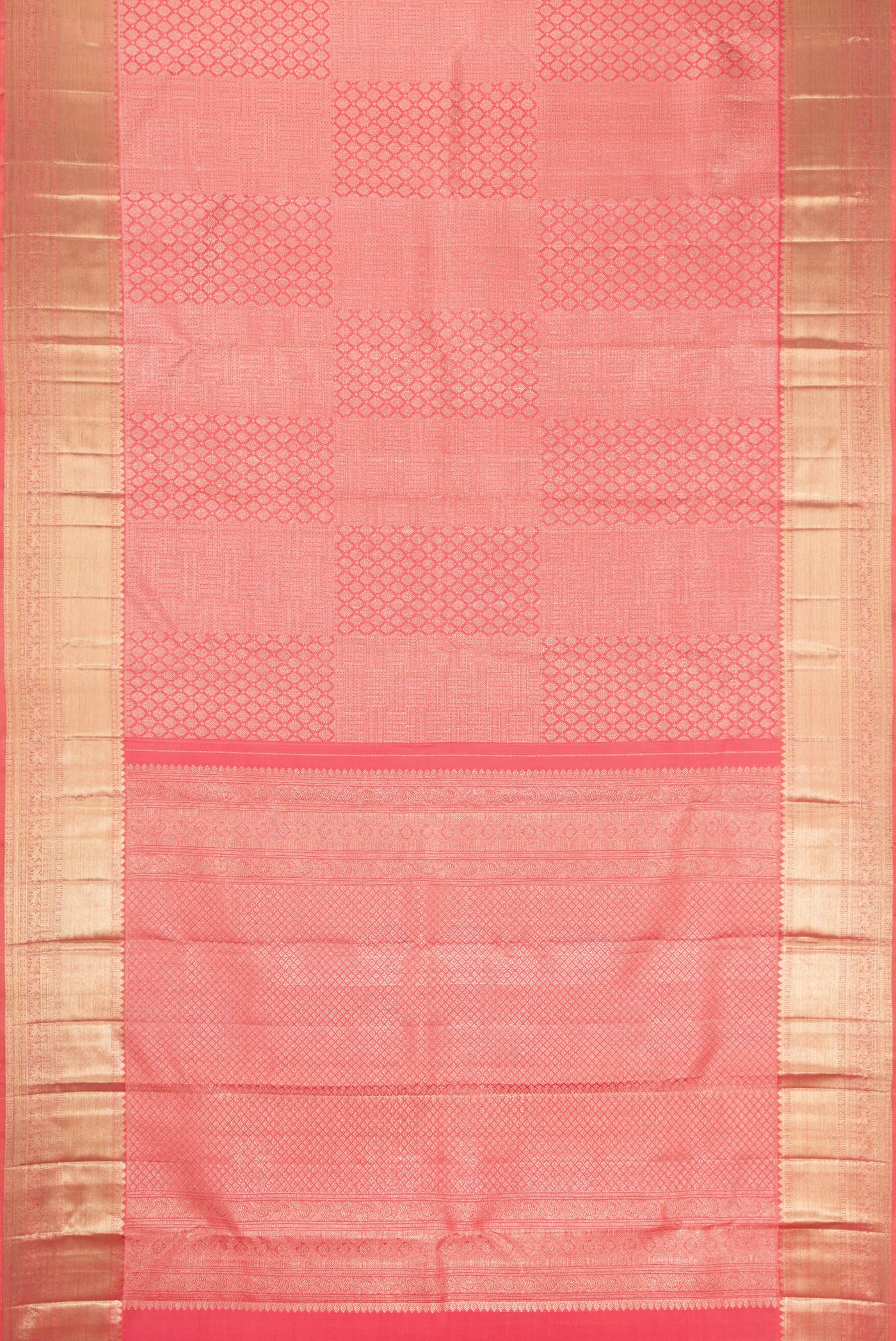 Flat view of Pink Dual Tone Kanchipuram Silk Saree with Zari Brocade on the body and Zari Border. 