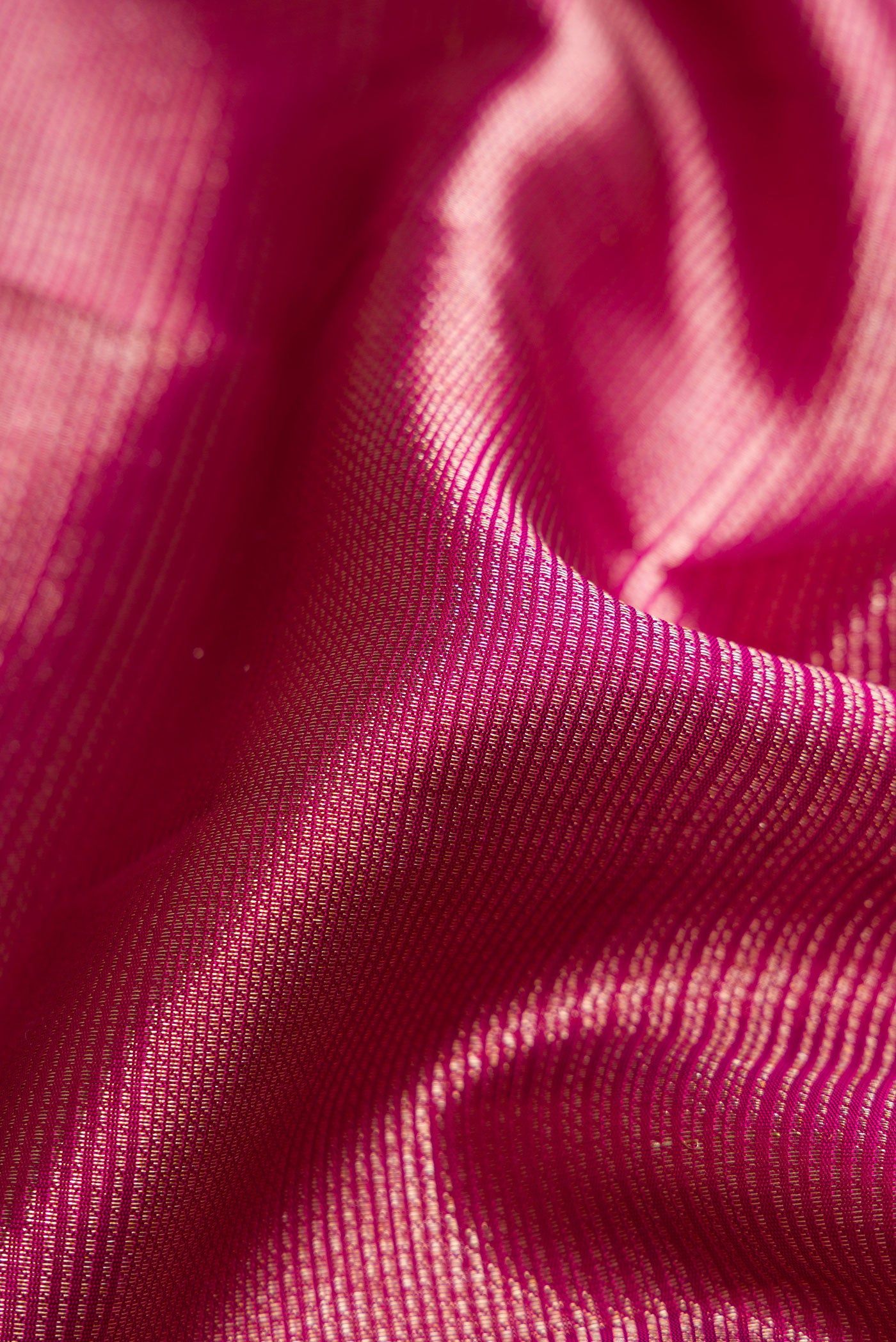 Close up of Magenta Kanchipuram Silk Saree with Zari Brocade on the body and Zari Border.  displaying folds