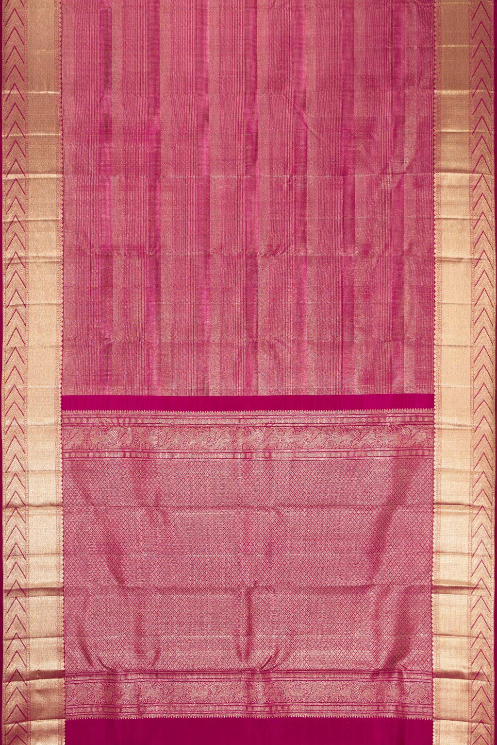 Flat view of Magenta Kanchipuram Silk Saree with Zari Brocade on the body and Zari Border. 
