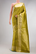 Mehandi Green Dual Tone Kanchipuram Silk Saree with Zari Brocade on the body and Zari Border.  displayed on a mannequin