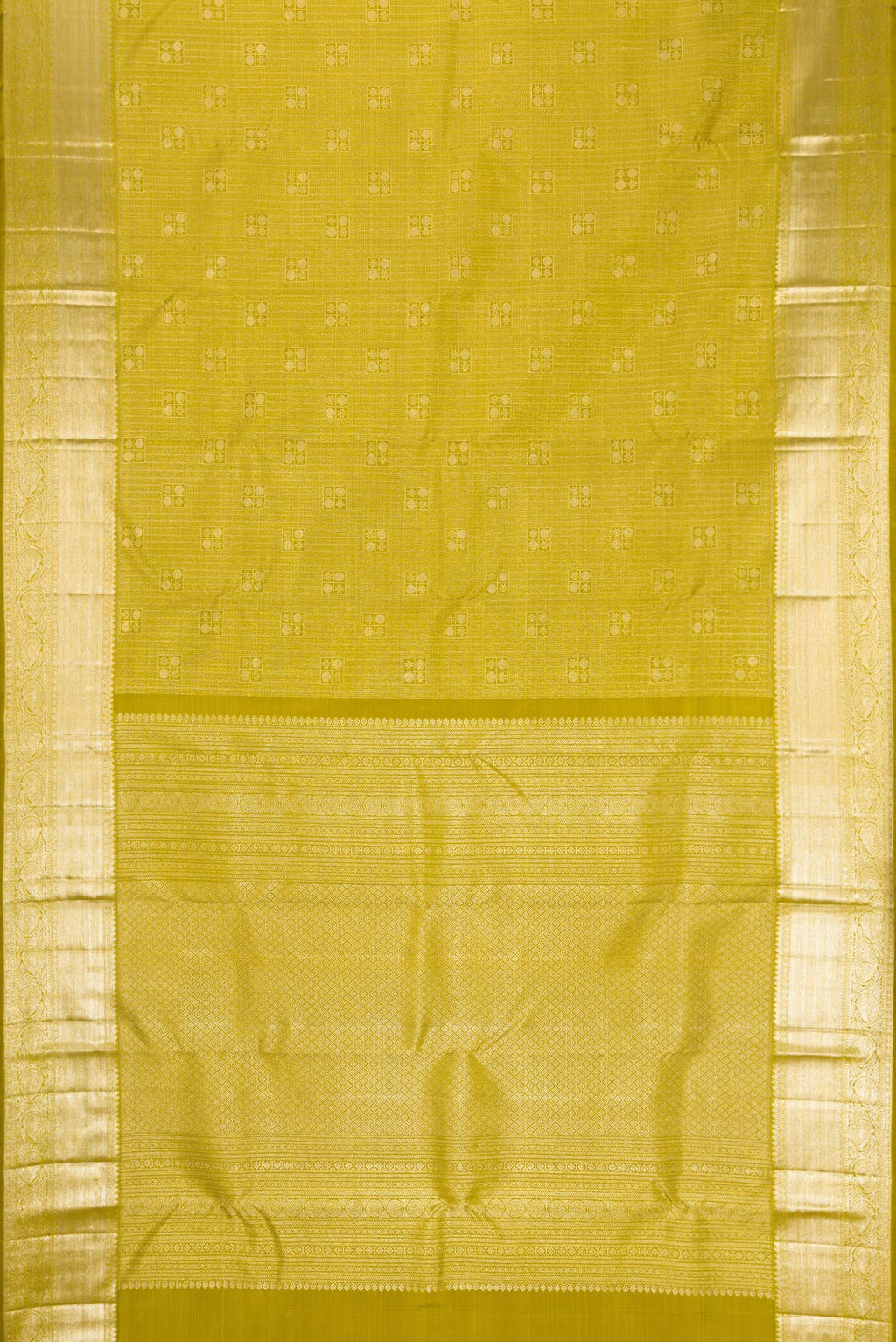 Flat view of Mehandi Green Dual Tone Kanchipuram Silk Saree with Zari Brocade on the body and Zari Border. 