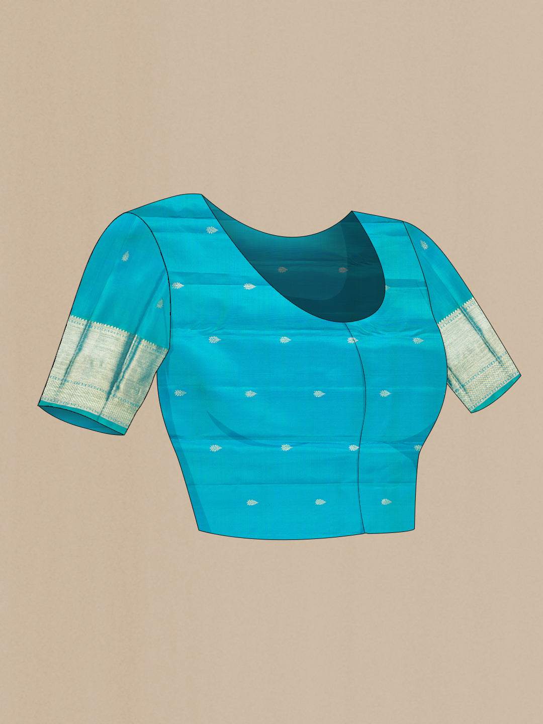 Close up image of the blouse of Turquoise Dual Tone Kanchipuram Silk Saree with Zari Brocade on the body and Zari Border. 
