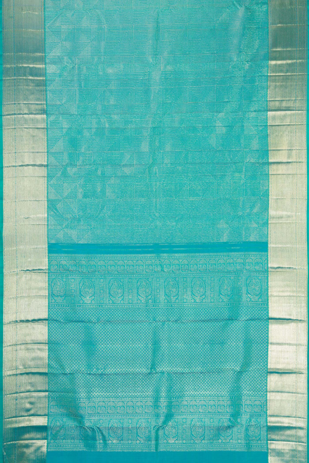 Flat view of Turquoise Dual Tone Kanchipuram Silk Saree with Zari Brocade on the body and Zari Border. 