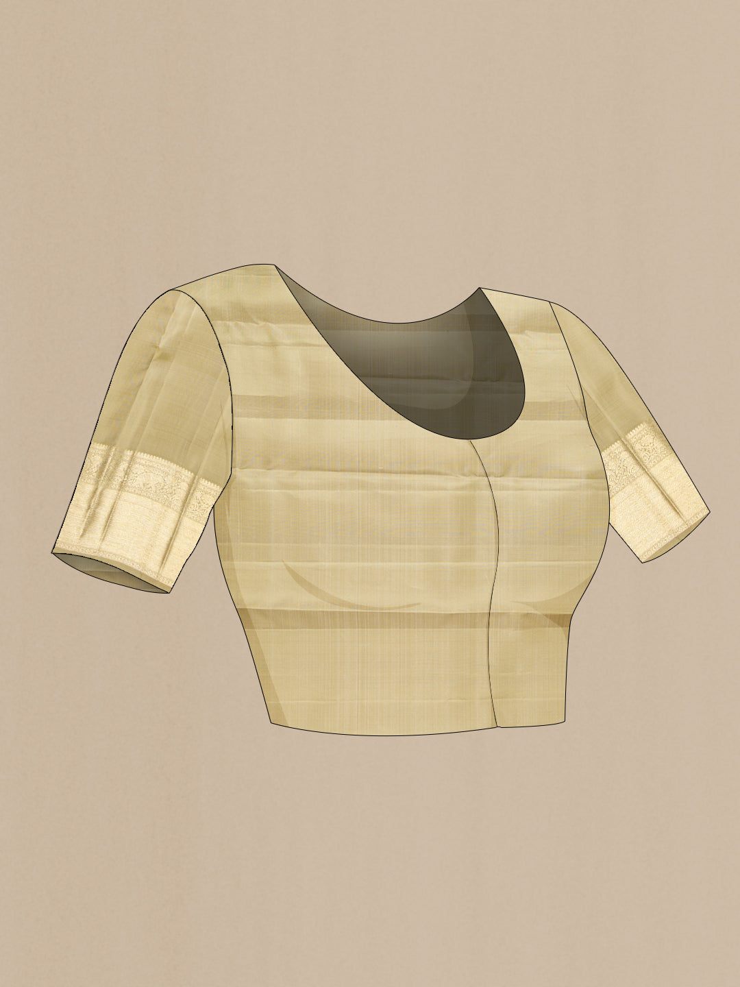 Close up image of the blouse of Beige Dual Tone Kanchipuram Silk Saree with Zari Brocade on the body and Zari Border. 
