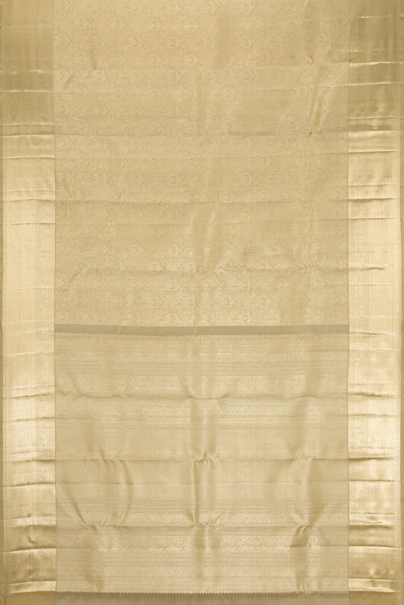 Flat view of Beige Dual Tone Kanchipuram Silk Saree with Zari Brocade on the body and Zari Border. 