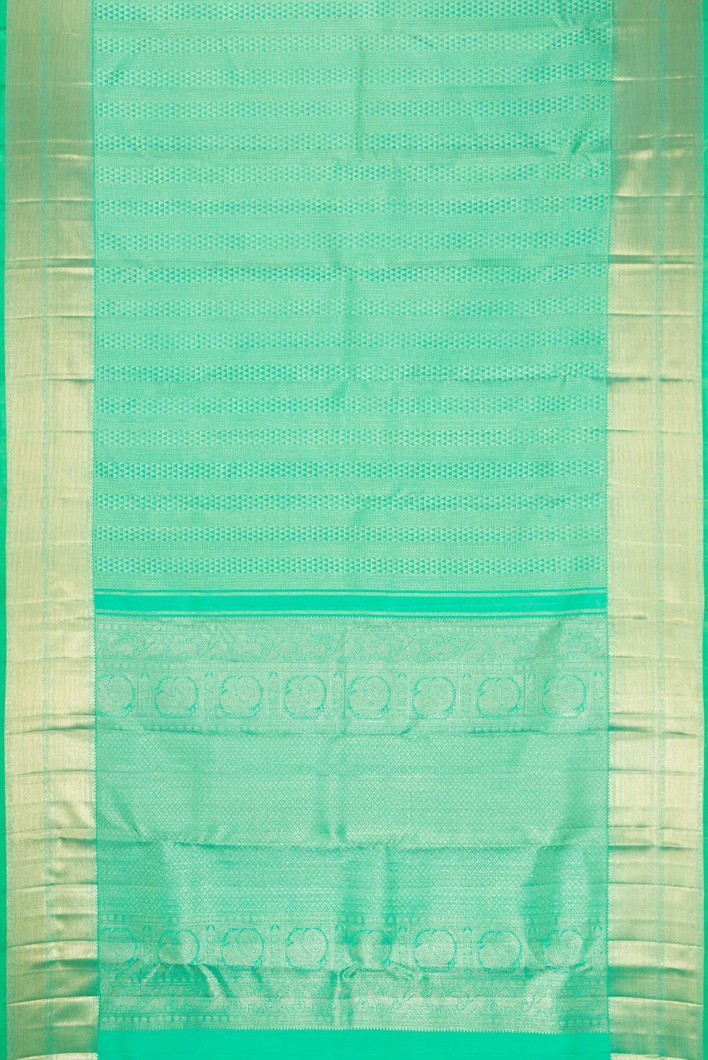 Flat view of Sea Green Dual Tone Kanchipuram Silk Saree with Zari Brocade on the body and Zari Border. 