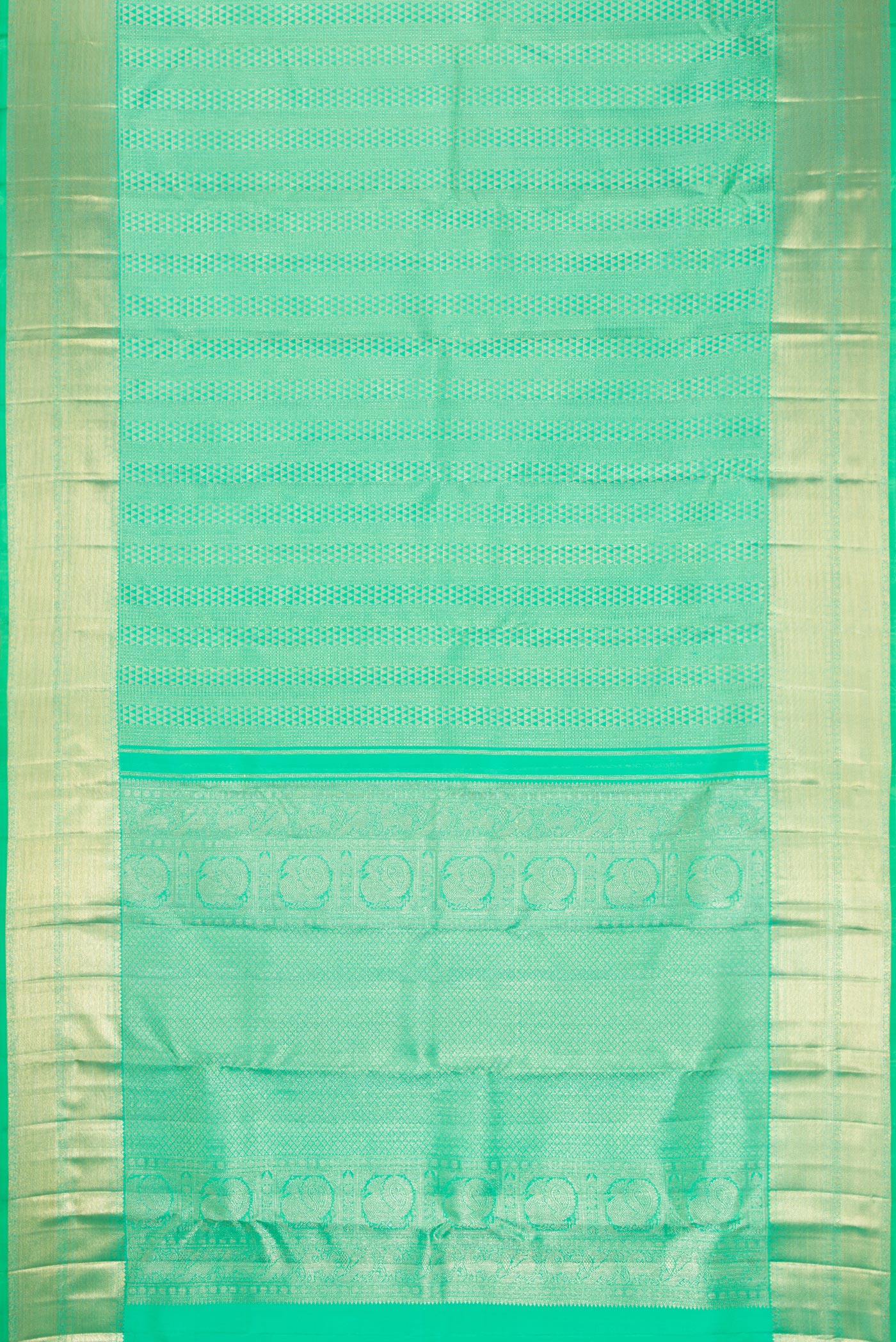 Flat view of Sea Green Dual Tone Kanchipuram Silk Saree with Zari Brocade on the body and Zari Border. 