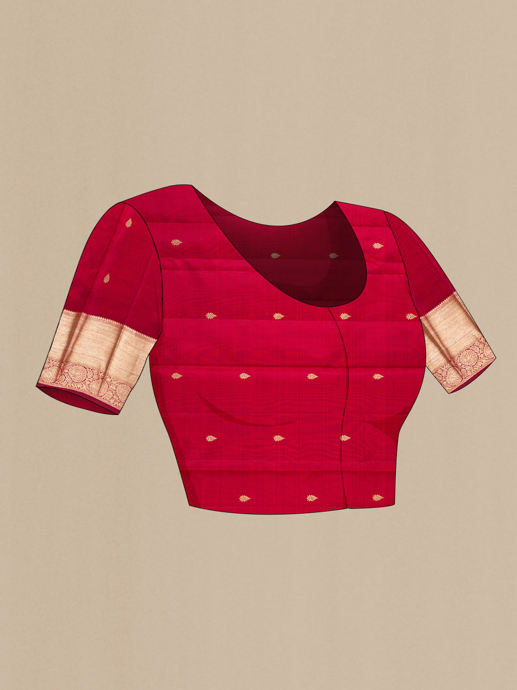Close up image of the blouse of Maroon Kanchipuram Silk Saree with Zari Brocade on the body and Zari Border. 